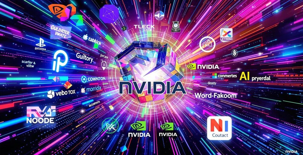 Nvidia and rival tech logos in a vibrant collage.