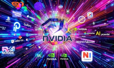 Nvidia and rival tech logos in a vibrant collage.