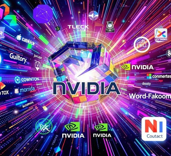 Nvidia and rival tech logos in a vibrant collage.