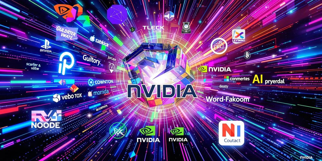 Nvidia and rival tech logos in a vibrant collage.