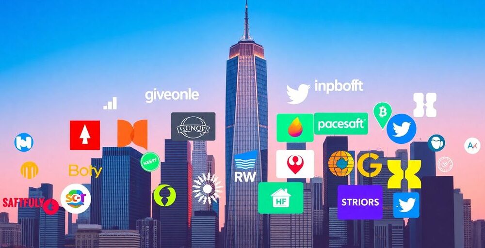 Collage of tech company logos with a rising skyline.