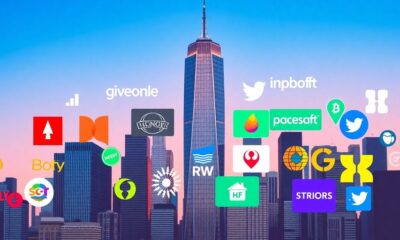 Collage of tech company logos with a rising skyline.