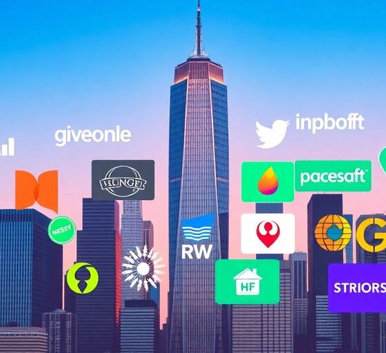 Collage of tech company logos with a rising skyline.