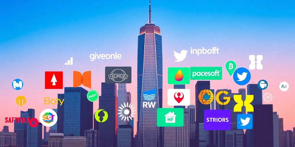 Collage of tech company logos with a rising skyline.