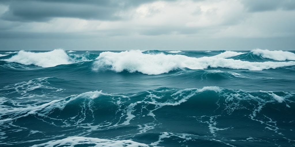 Turbulent sea with dark clouds, symbolizing market instability.