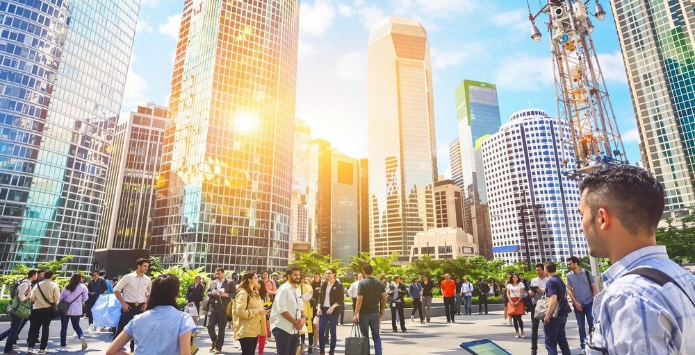 Diverse professionals discussing in front of a city skyline.