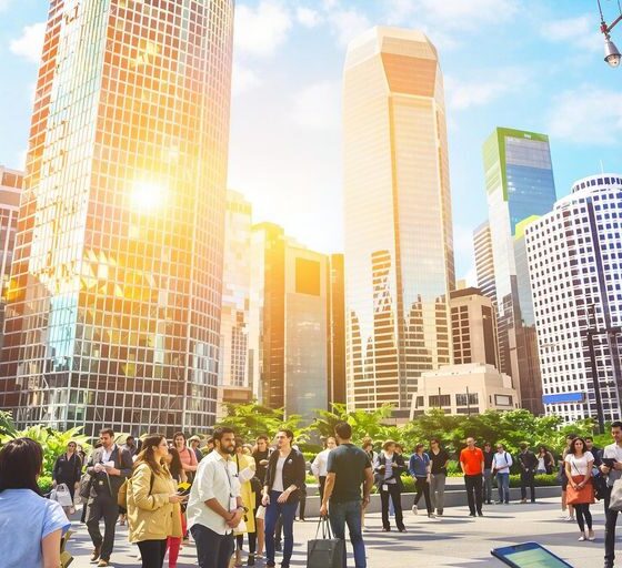 Diverse professionals discussing in front of a city skyline.