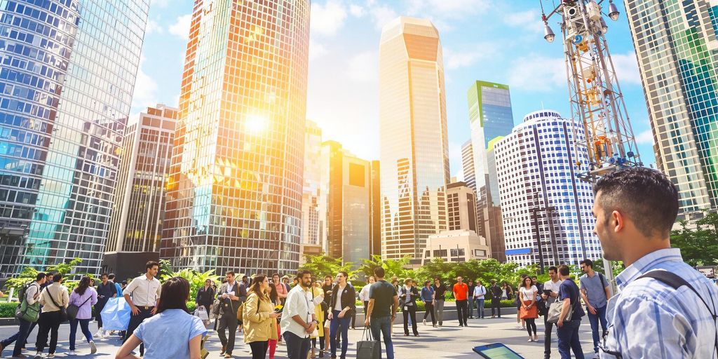 Diverse professionals discussing in front of a city skyline.