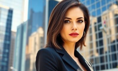 Confident woman in business suit in urban setting.