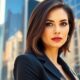 Confident woman in business suit in urban setting.