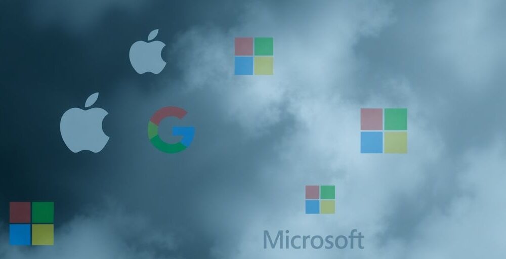 Tech company logos amidst dark clouds of uncertainty.