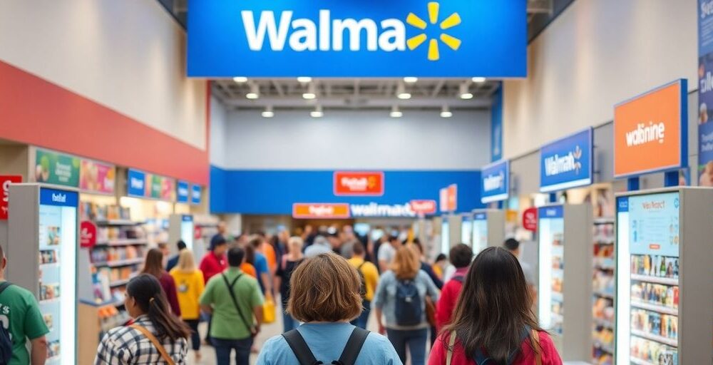 Busy Walmart store with shoppers and modern technology.