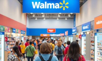 Busy Walmart store with shoppers and modern technology.