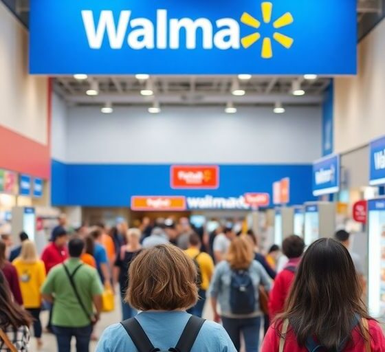 Busy Walmart store with shoppers and modern technology.