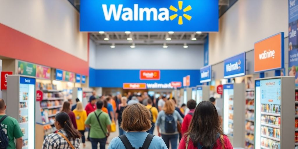 Busy Walmart store with shoppers and modern technology.