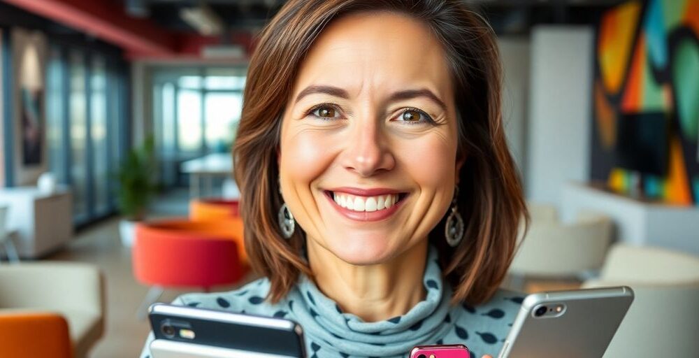 Cathie Wood smiling in a modern tech office setting.