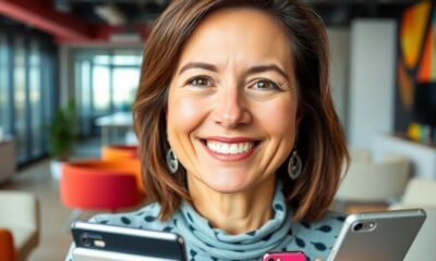 Cathie Wood smiling in a modern tech office setting.