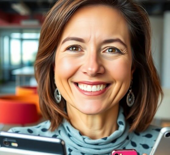 Cathie Wood smiling in a modern tech office setting.