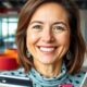 Cathie Wood smiling in a modern tech office setting.