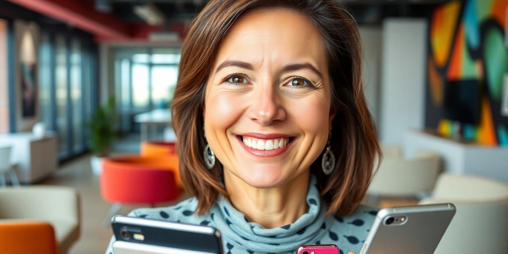 Cathie Wood smiling in a modern tech office setting.