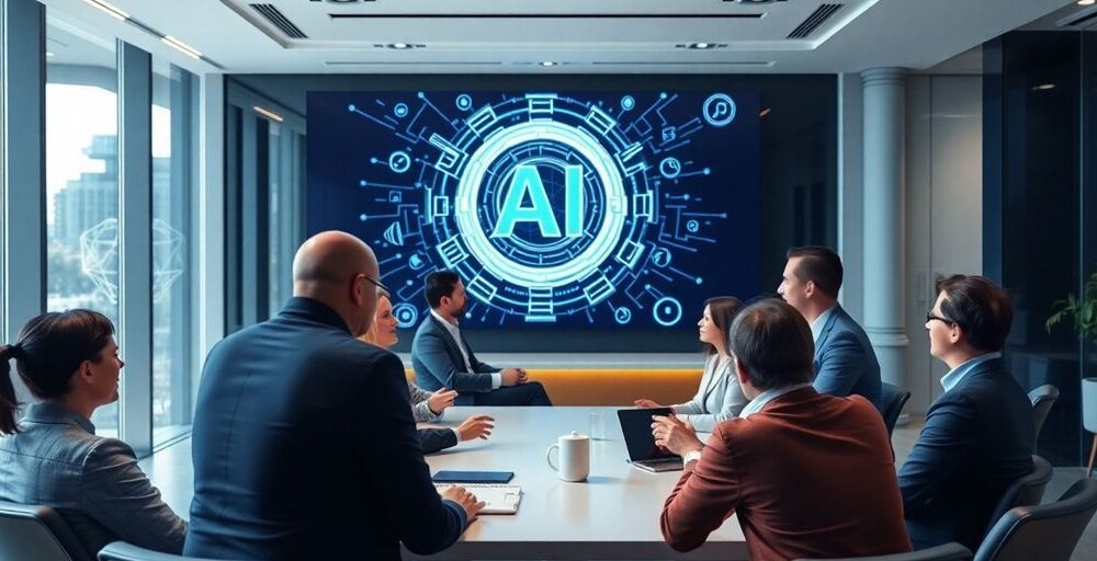 Group of professionals discussing AI in a modern office.