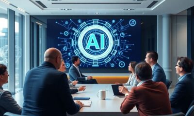 Group of professionals discussing AI in a modern office.