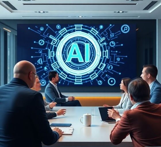 Group of professionals discussing AI in a modern office.