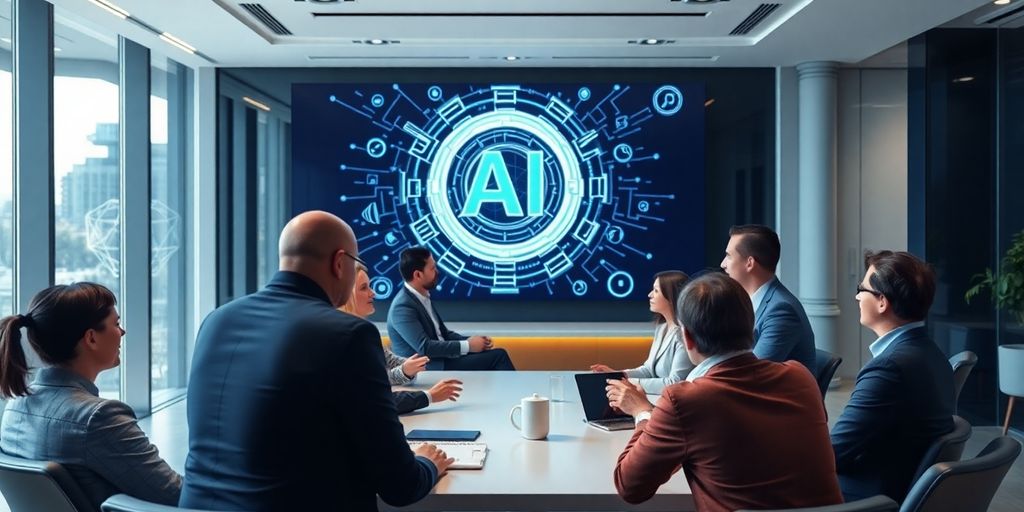 Group of professionals discussing AI in a modern office.