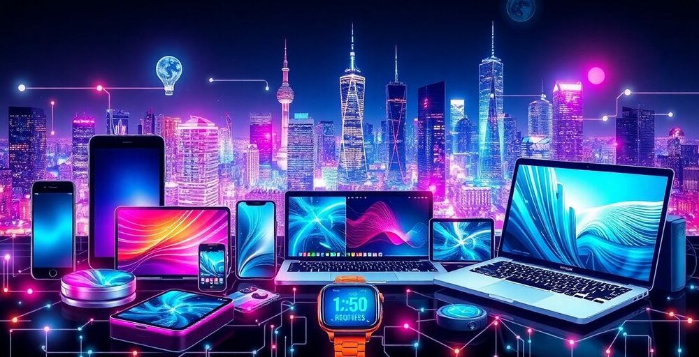 Collage of tech gadgets with a futuristic city background.