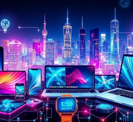 Collage of tech gadgets with a futuristic city background.