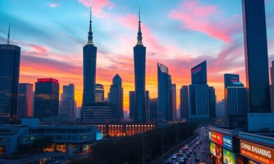 Shanghai skyline with illuminated skyscrapers at sunset.