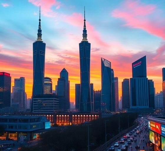 Shanghai skyline with illuminated skyscrapers at sunset.