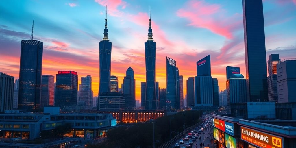 Shanghai skyline with illuminated skyscrapers at sunset.