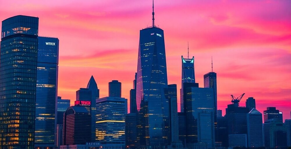 City skyline with modern skyscrapers at twilight.