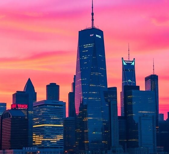 City skyline with modern skyscrapers at twilight.