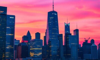 City skyline with modern skyscrapers at twilight.