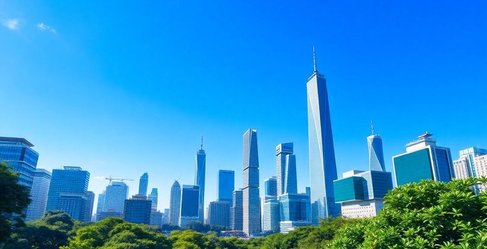 City skyline with modern buildings and greenery.