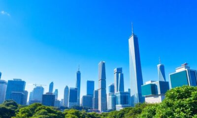 City skyline with modern buildings and greenery.