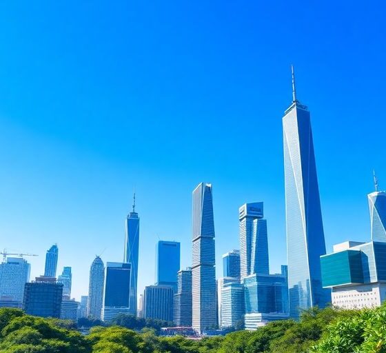 City skyline with modern buildings and greenery.