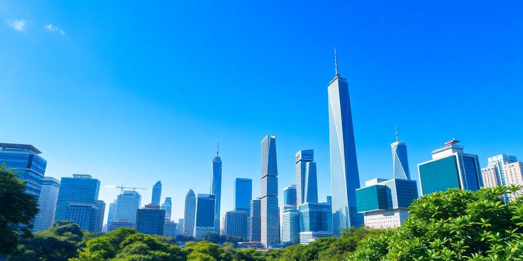 City skyline with modern buildings and greenery.