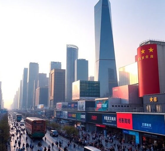 City skyline of modern China with bustling streets and technology.