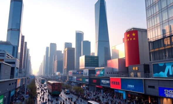 City skyline of modern China with bustling streets and technology.