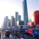 City skyline of modern China with bustling streets and technology.