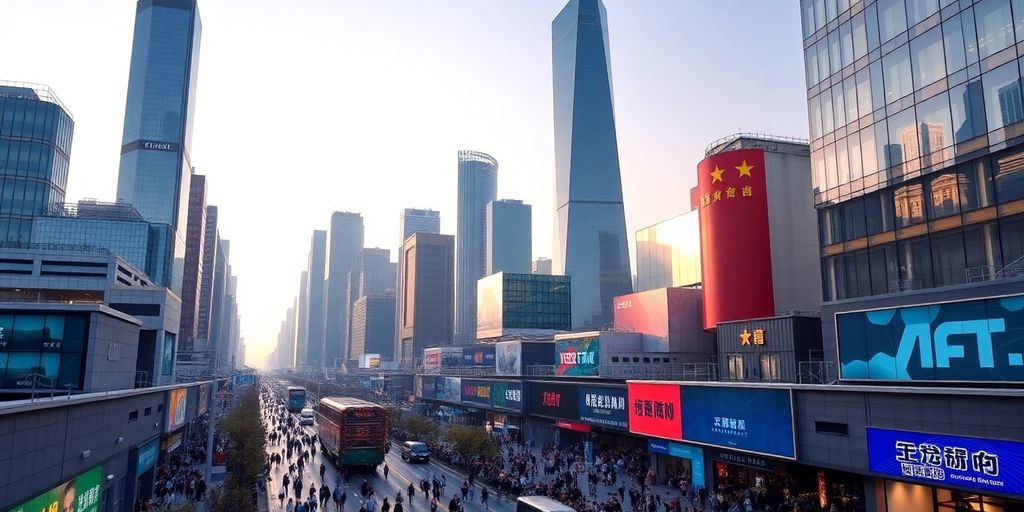 City skyline of modern China with bustling streets and technology.