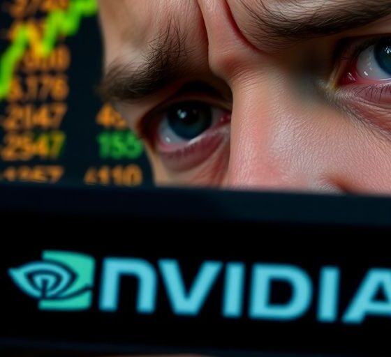 Concerned investor with Nvidia logo in focus.