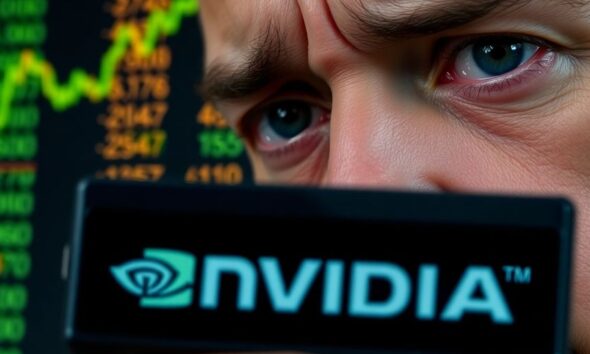 Concerned investor with Nvidia logo in focus.