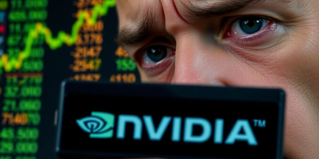 Concerned investor with Nvidia logo in focus.