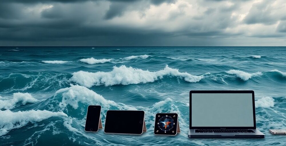 Tech devices amidst turbulent waves representing market instability.