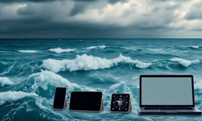 Tech devices amidst turbulent waves representing market instability.