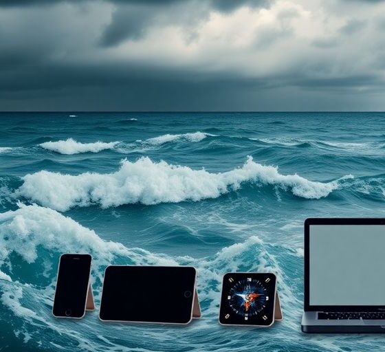 Tech devices amidst turbulent waves representing market instability.